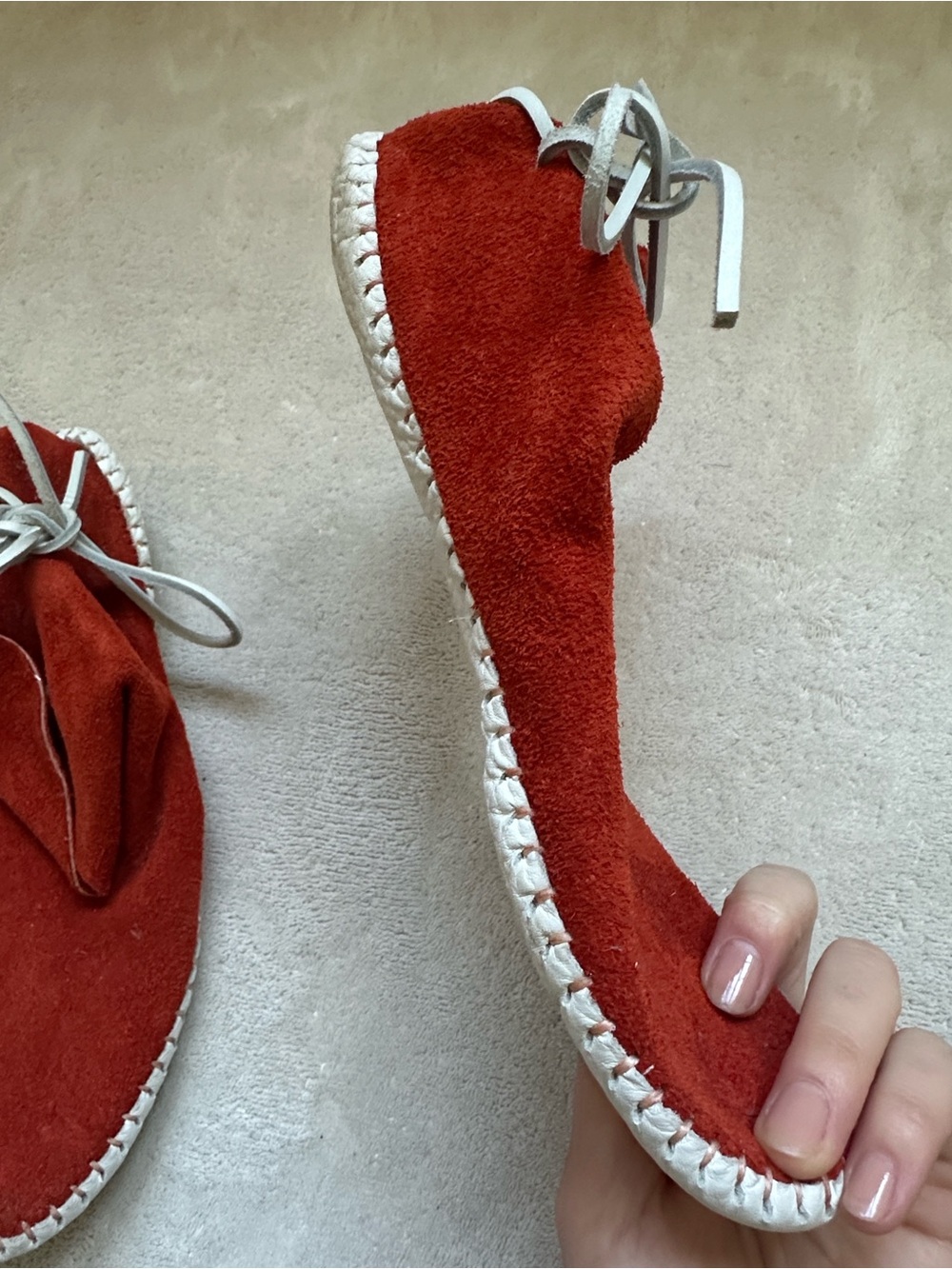 Rust Red Suede Moccasin Flats with White Lacing - Picture 5 of 13